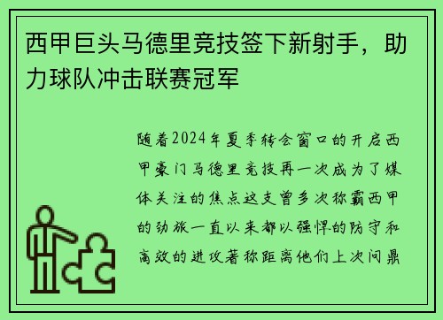 西甲巨头马德里竞技签下新射手，助力球队冲击联赛冠军